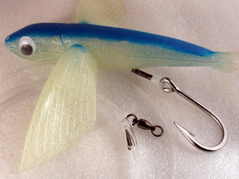 Three (3)  8" Blue / NON Glow Flying Fish TUNA MAHI Lure - Rigged